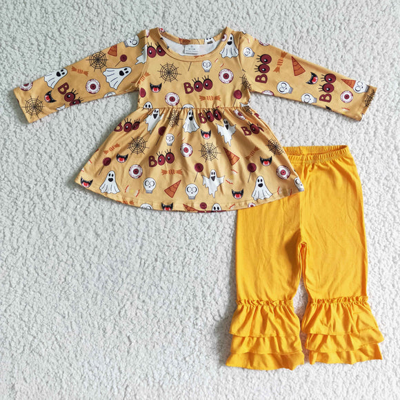 Promotional Boo Ghost Orange Ruffles Girls Halloween Outfits