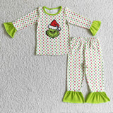 Cartoon Polka Dots Green Girls Christmas Pajamas