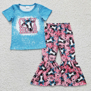 Crazy Heifer Sky Blue Pink Girls Short Sleeve+Trousers Sets