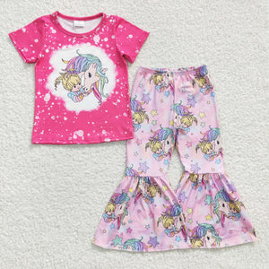 Unicorn Hot Pink Girls Short Sleeve+Trousers Sets