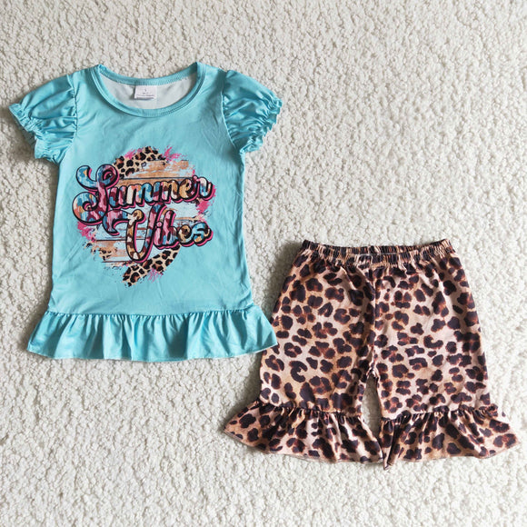 Promotional Summer Vibes Leopard Print Blue Girls Shorts Sets