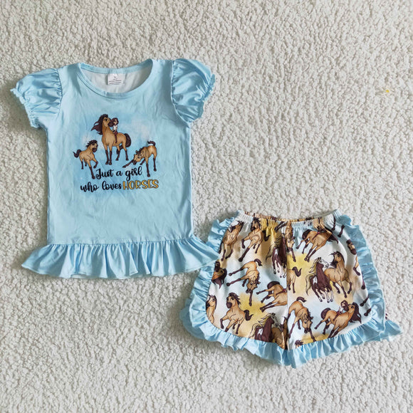Promotional Horse Sky Blue Girls Shorts Sets