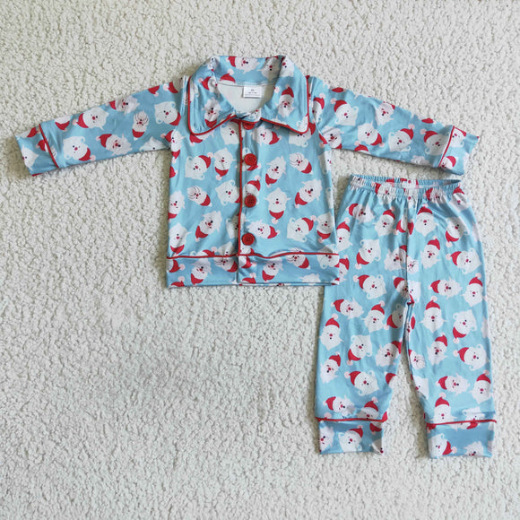 Santa Sky Blue Collar Boys Christmas Pajamas