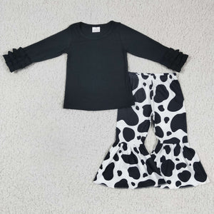 Solid Black Cow Print Girls Long Sleeve+Trousers Sets