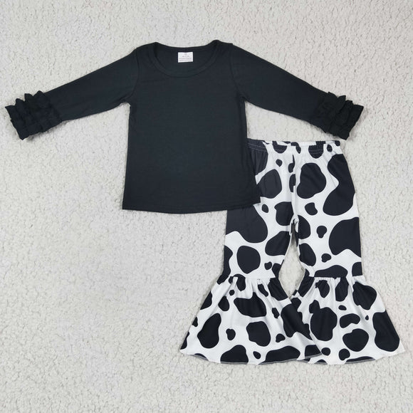 Solid Black Cow Print Girls Long Sleeve+Trousers Sets