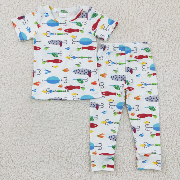 Promotional Fishing White Boys Short Sleeve Pajamas