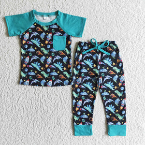 Promotional Cartoon Dinosaur UFO Blue Boys Short Sleeve+Trousers Sets