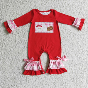 Milk Cookies Santa Pink Plaid Red Girls Christmas Romper