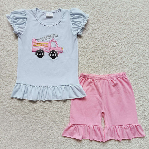 Fire Fighting Truck Embroidery Pink Girls Shorts Sets