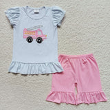 Fire Fighting Truck Embroidery Pink Girls Shorts Sets