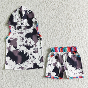 Promotional Cow Print Summer Hoodie Set Boys Shorts Sets