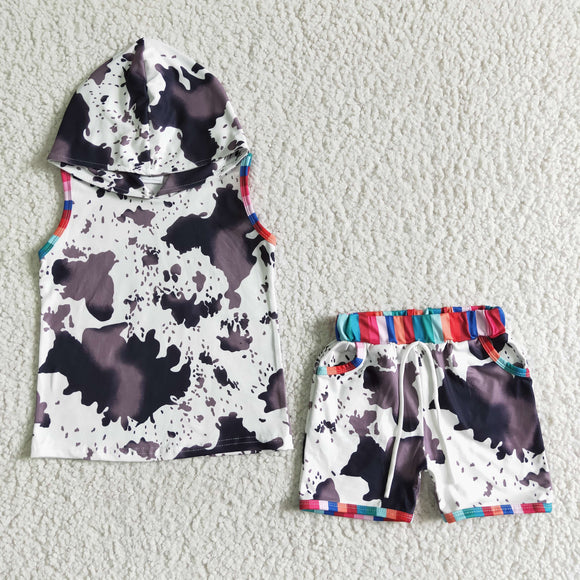 Promotional Cow Print Summer Hoodie Set Boys Shorts Sets