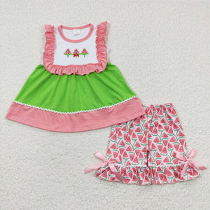 Promotional Watermelon Pink Ruffles Girls Shorts Sets