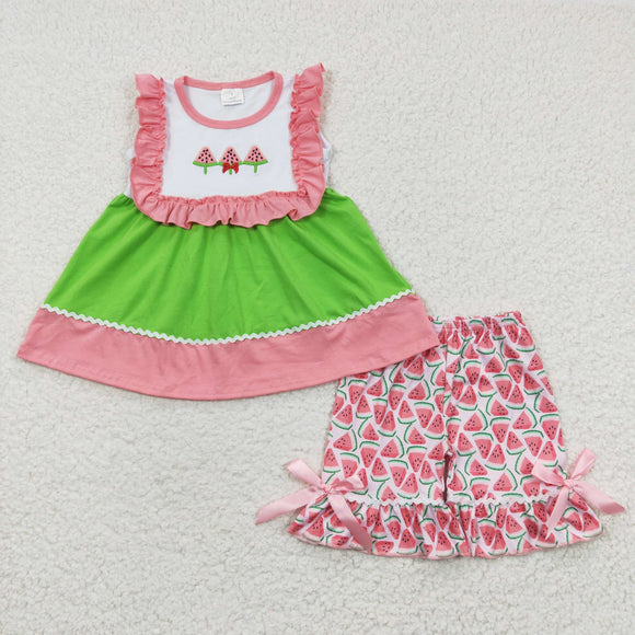 Promotional Watermelon Pink Ruffles Girls Shorts Sets