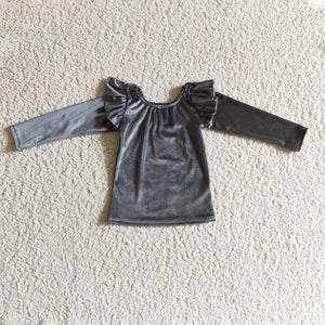 Solid Gray Velvet Girls Long Sleeve Top