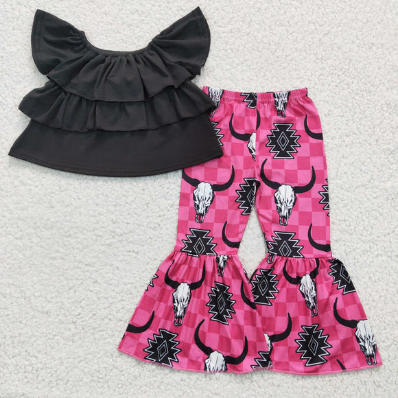 Solid Black Ruffles Highland Cow Hot Pink Girls Short Sleeve+Trousers Sets