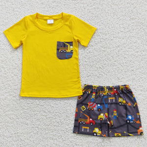 Engineering Vehicle Yellow Gray Boys Shorts Sets