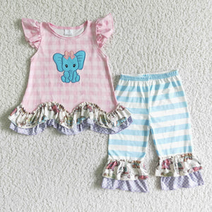 Promotional Elephant Embroidery Blue Pink Girls Short Sleeve+Trousers Sets