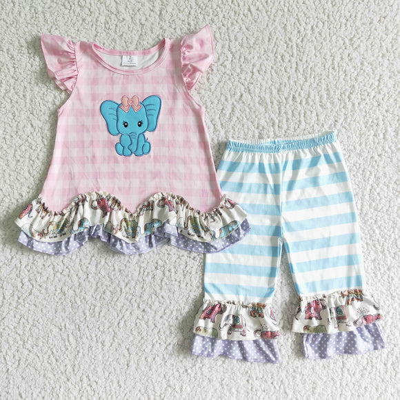 Promotional Elephant Embroidery Blue Pink Girls Short Sleeve+Trousers Sets