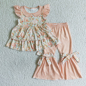 Pumpkin Orange Plaid Bows Girls Short Sleeve+Trousers Sets