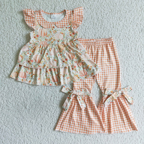 Pumpkin Orange Plaid Bows Girls Short Sleeve+Trousers Sets