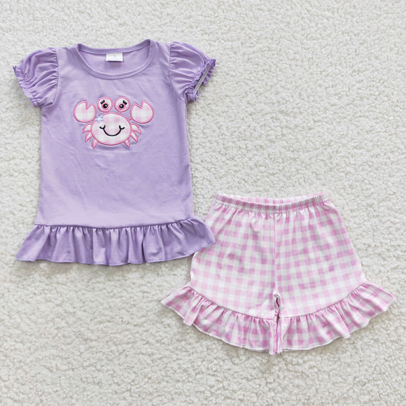 Promotional Crab Plaid Purple Girls Shorts Sets