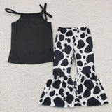 Tassels Cow Print Black Girls Short Sleeve+Trousers Sets