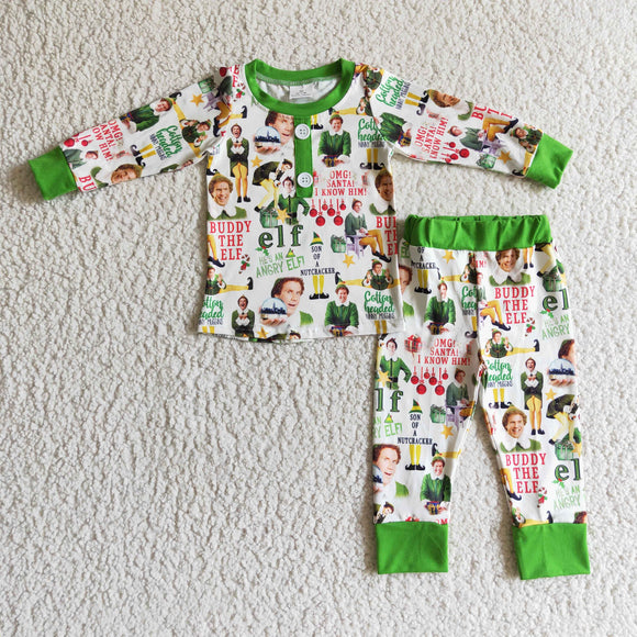 Promotional Cartoon Green White Boys Christmas Pajamas