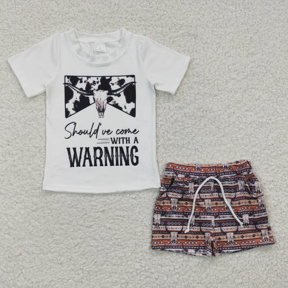 Warning Highland Cow White Boys Shorts Sets
