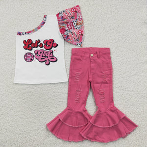 Let's go girls One Shoulder Hot Pink Jeans Girls Short Sleeve+Trousers Sets