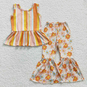 Orange Stripe Floral Girls Short Sleeve+Trousers Sets