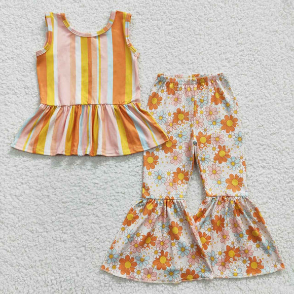 Orange Stripe Floral Girls Short Sleeve+Trousers Sets