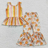 Orange Stripe Floral Girls Short Sleeve+Trousers Sets