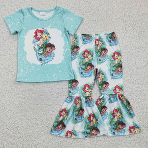 Cartoon Mermaid Fish Blue White Girls Short Sleeve+Trousers Sets