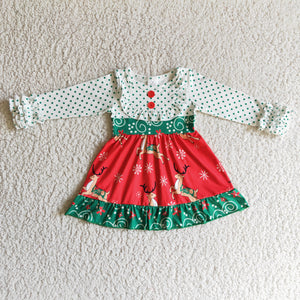Reindeer Green Ruffles Polka Dots Red White Girls Christmas Dress