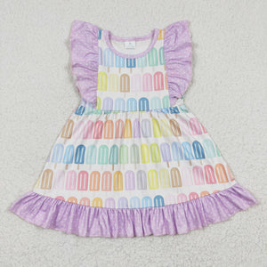 Promotional Colorful Popsicle Purple Ruffles Girls Flutter Sleeve Dress