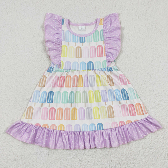 Promotional Colorful Popsicle Purple Ruffles Girls Flutter Sleeve Dress
