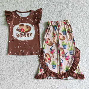Howdy Cactus Brown Girls Short Sleeve+Trousers Sets