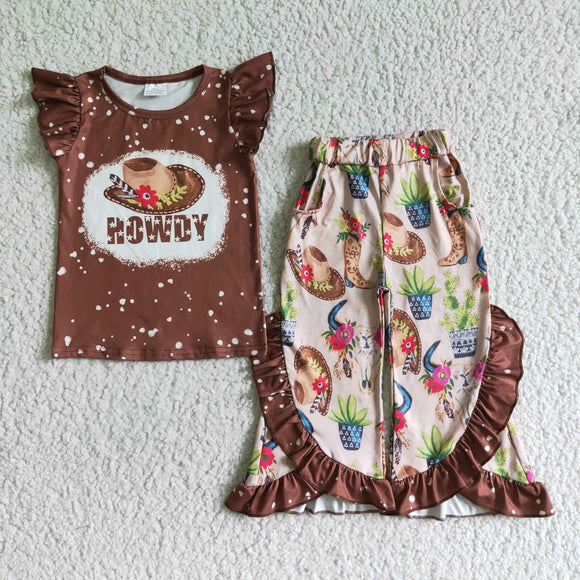 Howdy Cactus Brown Girls Short Sleeve+Trousers Sets