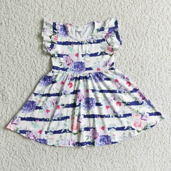 Floral Stripe Girls Flutter Sleeve Dress
