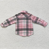 Pink Gray Brown Plaid Shirt Girls Long Sleeve Top