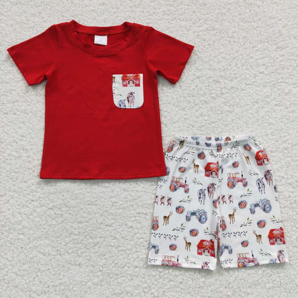 Tractor Farm Animals Red Boys Shorts Sets