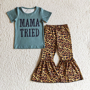 Promotional Mama Tried Letters Leopard Print Girls Short Sleeve+Trousers Sets