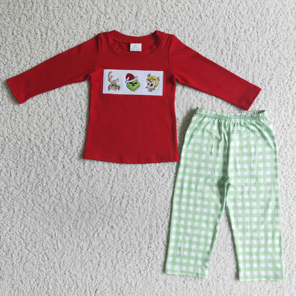 Cartoon Embroidery Red Green Plaid Boys Christmas Outfits