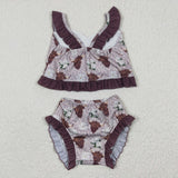 Highland Cow Floral Brown Ruffles Girls Swimsuits
