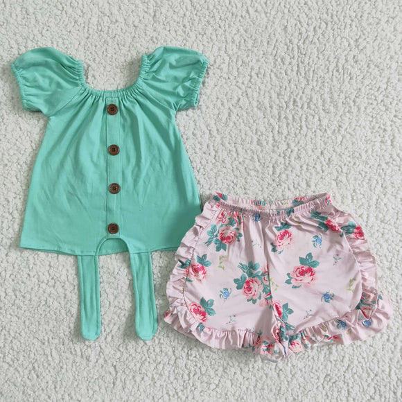 Promotional Green Criss-Cross Floral Girls Shorts Sets