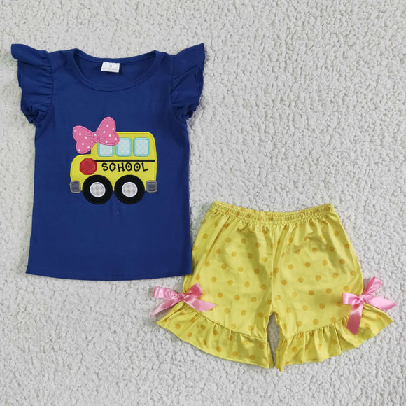 School Bus Embroidery Navy Yellow Girls Back to School Outfits