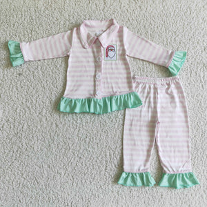 Santa Green Ruffles Pink Collar Girls Christmas Pajamas