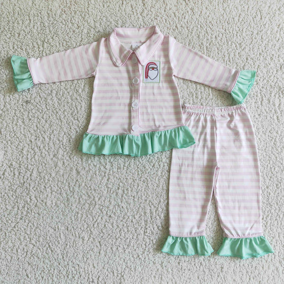 Santa Green Ruffles Pink Collar Girls Christmas Pajamas