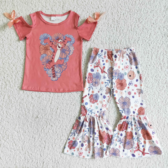 Cartoon Tiger Floral Girls Short Sleeve+Trousers Sets